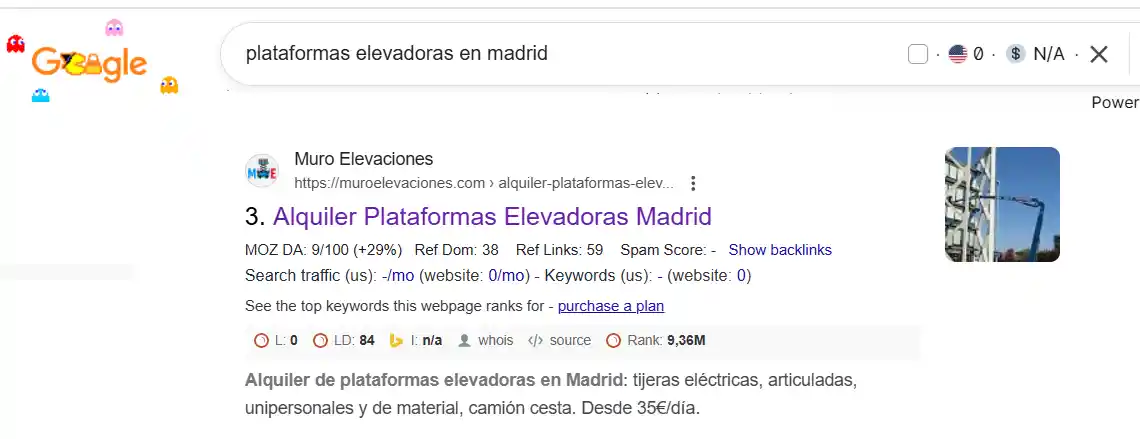 Resultado real de Muro Elevaciones en la tercera posición de Google para la búsqueda: plataformas elevadoras en Madrid.