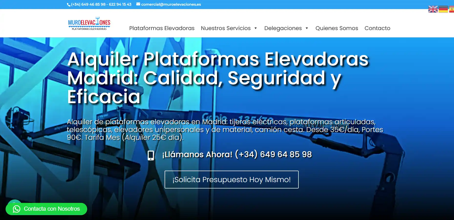 web-optimizada-muro-elevaciones-seo-local-madrid Página web optimizada de Muro Elevaciones, empresa de alquiler de plataformas elevadoras en Madrid, tras la implementación de la estrategia SEO local.