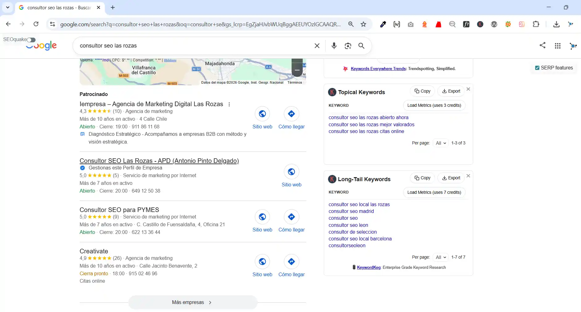 Resultado en google de la búsqueda consultor seo las rozas con la ficha de consultor seo apd en el mapa local