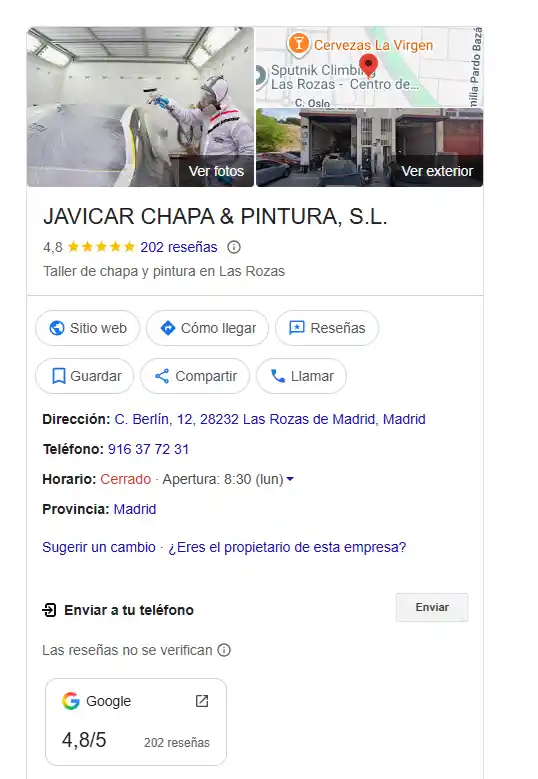 Ficha de empresa de google business profile de javicar chapa pintura las rozas