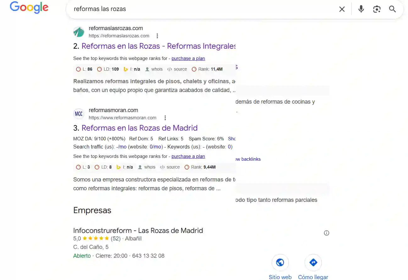 rendimiento-google-search-console-reformas-las-rozas-seo-consultor-seo-apd Resultado en Google de la web Reformas Las Rozas tras la optimización SEO local